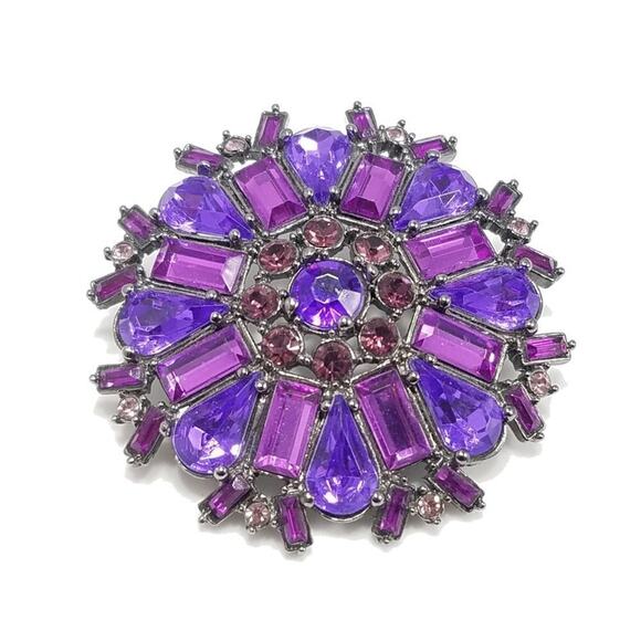 Snowflake Purple Rhinestones Gunmetal Gray Brooch, 2 1/4 Inches - Picture 1 of 6
